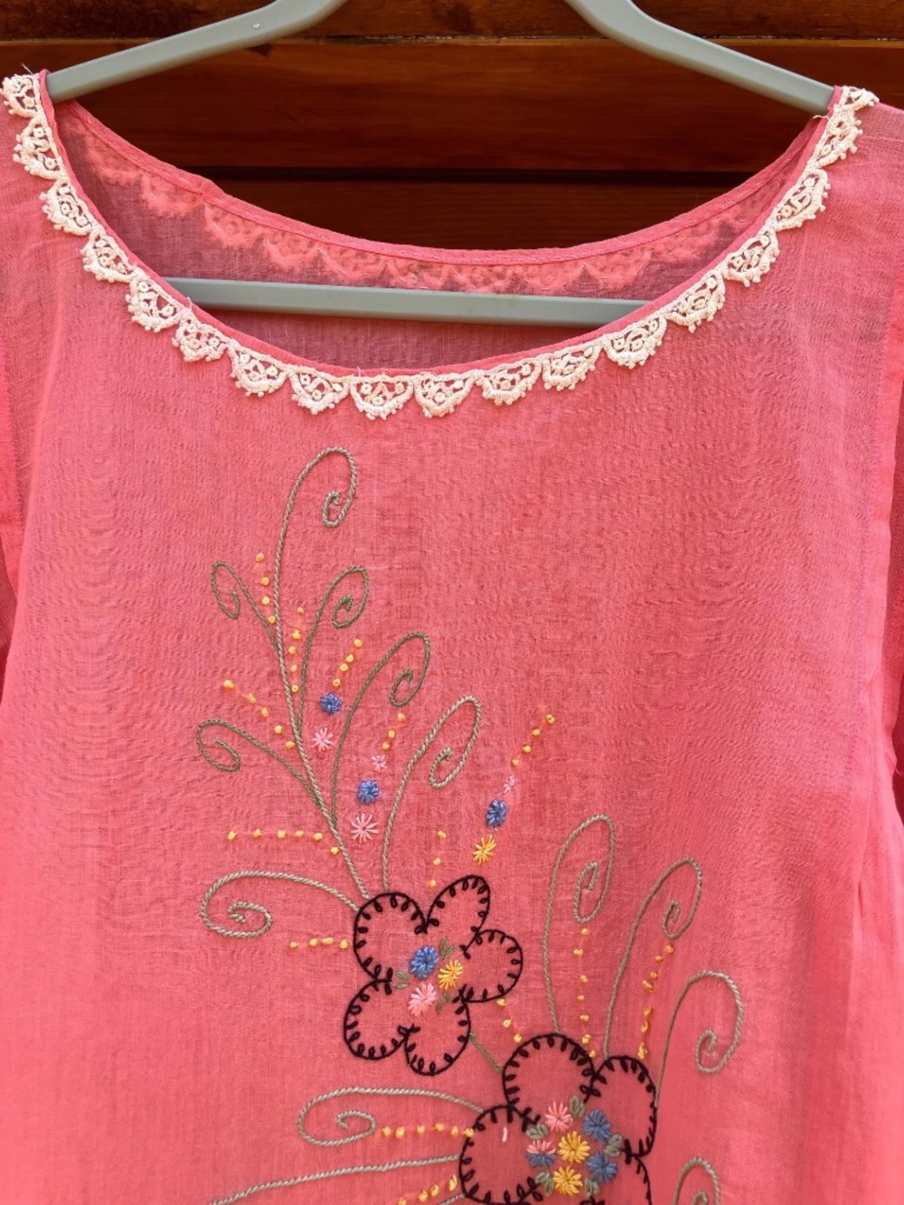1930's Embroidered Sheer Pink Cotton Dressing Gown Night Gown Dress floral lace - Picture 6 of 10